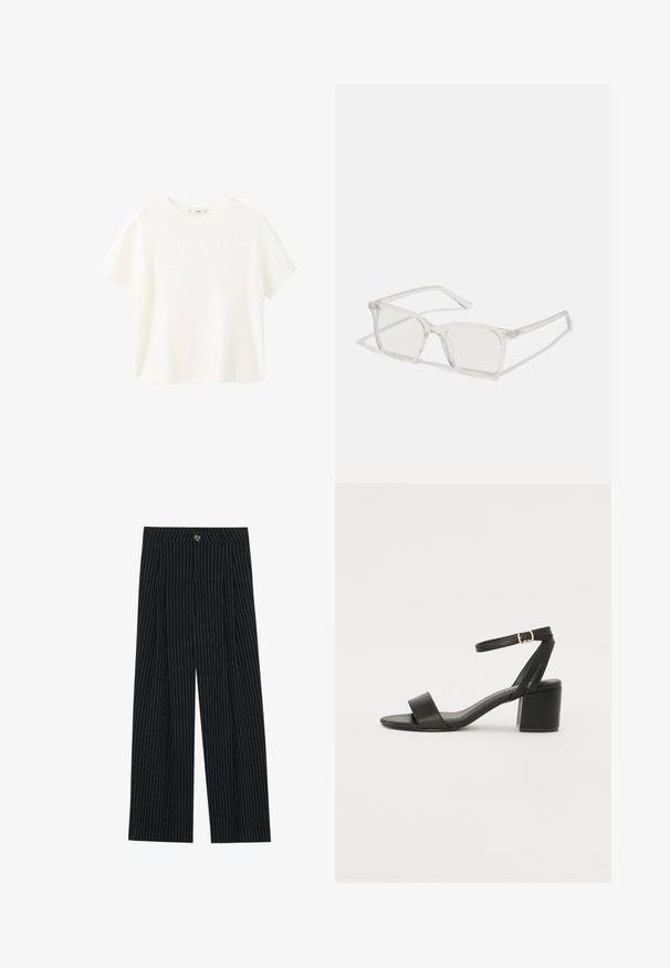 Top alb cu maneci scurte din material răsucit, cu guler rotund. Textură moale și croială lejeră, având un design simplu, fără modele suplimentare.; Pantaloni largi cu dungi negre, confecționați dintr-un material texturat, dotati cu închidere frontală cu nasture și un design pliat pentru un plus de interes.; Sandale cu toc înalt negre, cu un superior din piele netedă, vârf deschis, curele frontale late și curea pentru gleznă ajustabilă cu detaliu din aur.; Ochelari de vedere cu rame pătrate din plastic transparent, dotate cu lentile translucide și accente aurii pe temple pentru un detaliu suplimentar.; Geantă din piele maro, tip crossbody, cu o formă curbată, accesorii aurii și un accent cu cataramă. Dispune de un curea de umăr detașabilă.