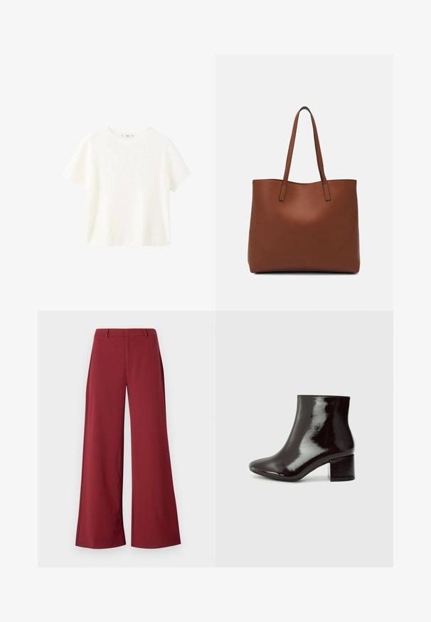 Biely krátky rukáv ribbovaného trička s okrúhlym výstrihom. Mäkka textúra a voľný strih, s jednoduchým dizajnom bez dodatočných vzorov.; Široké nohavice v hlbokej burgundskej farbe. Vyrobené z hladkej, elastickej tkaniny s pekne spracovanými švami a predným zipsom.; Čierne lakované kožené členkové topánky s špicatou špičkou a hrubým podpätkom. Hladká textúra s jemným leskom a čisté línie, minimalistický dizajn.; Hnedá kožená taška na rameno s hladkou textúrou, otvoreným vrchom a dvoma ramenými popruhmi. Má minimálne šitia a žiadne viditeľné kovania.