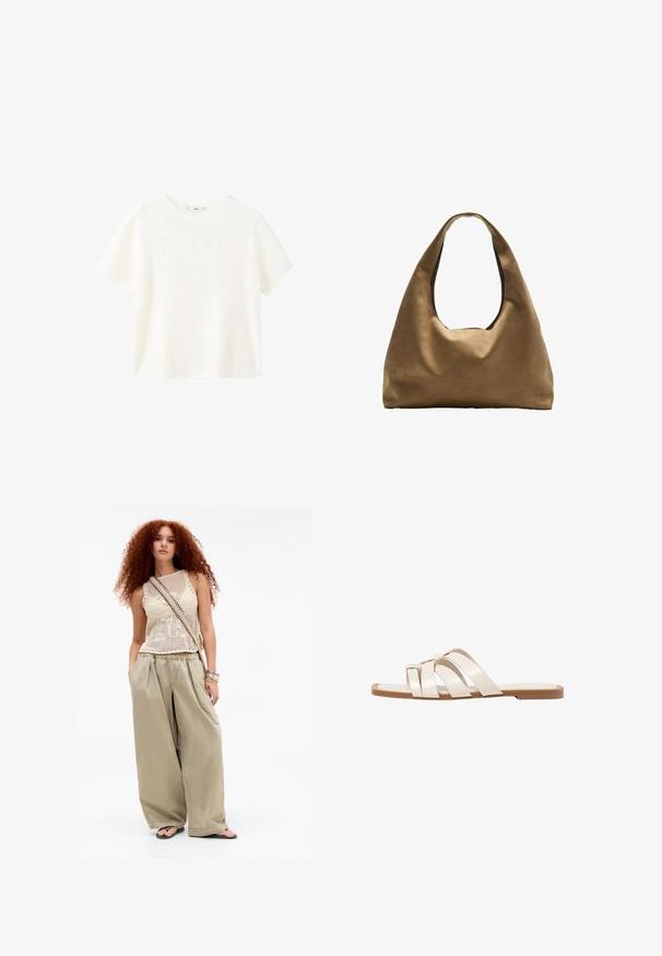 Valkoinen lyhythihainen ribbipaita, jossa on pyöreä pääntie. Pehmeä materiaali ja rento istuvuus, yksinkertainen muotoilu ilman lisäkuvioita.; Nuori nainen, jolla on pitkät kiharat punaiset hiukset, pukeutuneena beigeen hihattomaan neulepaitaan, leveälahkeisiin khaki-housuihin, flip-flop-sandaaleihin, olkahihnasummaan ja rannekoruihin.; Tason vaaleanruskealla kumipohjalla, jossa on kolme päällekkäistä valkoista nahkaremmiä ja pieni satiininen rusetti keskellä.; Ruskea kangaskassi, jossa on leveä, pyöristetty muoto ja suuri leikattu kahva. Pehmeä pinta, minimalistinen muotoilu ja ei näkyvää metalliosaa.