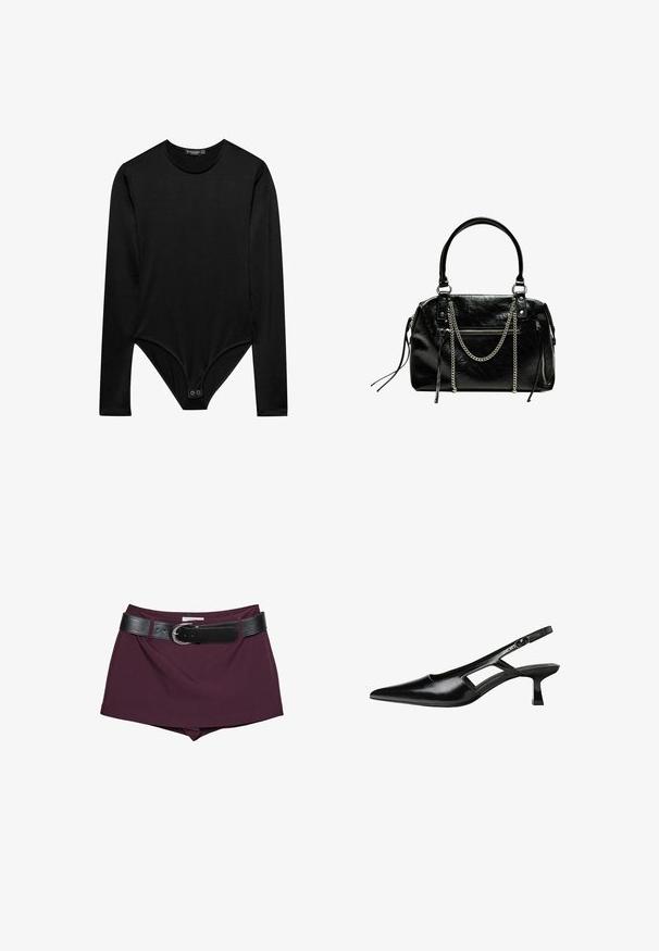 Bodysuit noir à manches longues en tissu lisse, avec un col rond et une fermeture à pression au bas pour un ajustement sécurisé.; Shorts bordeaux avec une ceinture en cuir noire. Le design présente une texture lisse et une coupe ajustée, avec une ceinture large maintenue par une boucle.; Escarpins slingback en cuir verni noir avec un bout pointu, un design découpé sur les côtés et un petit talon carré. Texture lisse avec des accents minimaux.; Bershka WITH CHAIN - Sac à main - black
