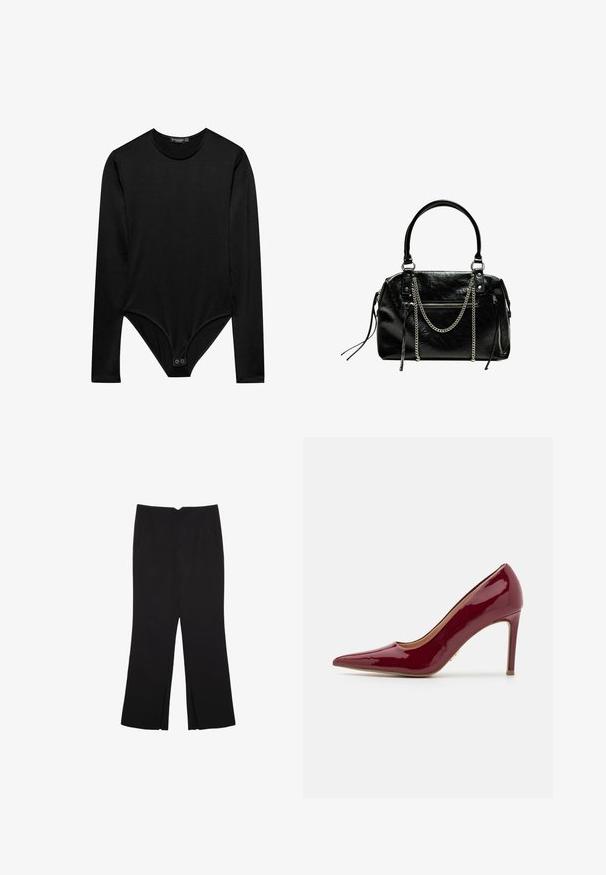 Body nero a maniche lunghe realizzato in tessuto liscio, con scollo rotondo e chiusura a pressione sul fondo per una vestibilità sicura.; Pantaloni neri a gamba dritta, con tasche frontali e spacchi laterali all'orlo. Realizzati in tessuto morbido e liscio. Adatti a diverse occasioni.; Steve Madden PROPHECY - Decolleté - red; Bershka WITH CHAIN - Borsa a mano - black