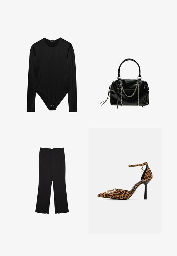 Black long-sleeve bodysuit made of smooth fabric, featuring a round neckline and a snap closure at the bottom for secure fit.; Black trousers with a straight fit, featuring front pockets and side slits at the hem. Made of soft, smooth fabric. Suitable for various occasions.; Leopard print high heel shoe with pointed toe, velvet texture, ankle strap, and crystal-accented buckle. Black stiletto heel.; Bershka WITH CHAIN - Handbag - black