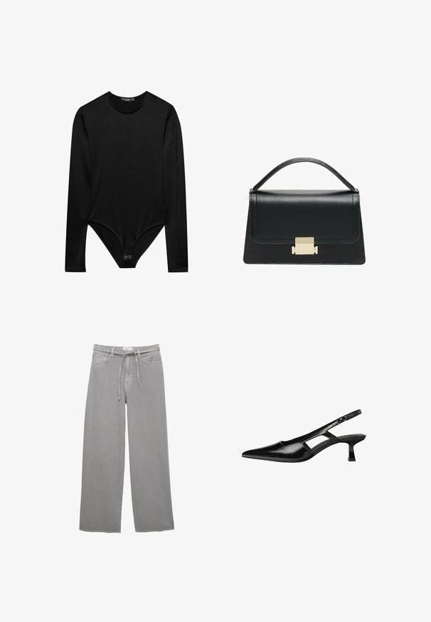 Zwarte lange mouwen bodysuit van gladde stof, met een ronde halslijn en een drukknoopsluiting aan de onderkant voor een veilige pasvorm.; Grijs denim broek met wijdout, een trekkoord in de taille, vijf zakken en een gestructureerde afwerking. Eenvoudig en veelzijdig ontwerp.; Zwarte gepatineerde leren slingback hakken met een puntige neus, uitsparing aan de zijkant en een kleine vierkante hak. Gladde textuur met minimale accenten.; Zwarte lederen handtas met een gestructureerd ontwerp, bovenhandgreep en een gouden metalen sluitingdetails aan de voorkant. Gladde textuur, minimale stiksels.