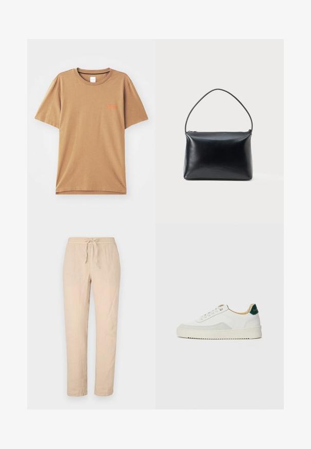 Pruun lühikeste varrukatega T-särk, mis on valmistatud puuvillast ja millel on ümar kaelus. Rinnal on väike oranž tekst ja särk on lõdva istuvusega.; Beežid linased püksid, millel on reguleeritav vöökoht, sirged sääred ja pehme, tekstureeritud viimistlus. Omab kahte küljetaskut ja minimaalset õmblustetaili.; Valged tennisjalanõud, millel on sametised aktsendid, ümar varvas, lame nöörid ja kreemjas kummine põhja. Hästi nähtav roheline bränding kannal.; Must musta nahk käekott ühe kaardus käepidemega ja ülemise tõmblukuga, esitatud ühe lihtsa valge tausta ees.