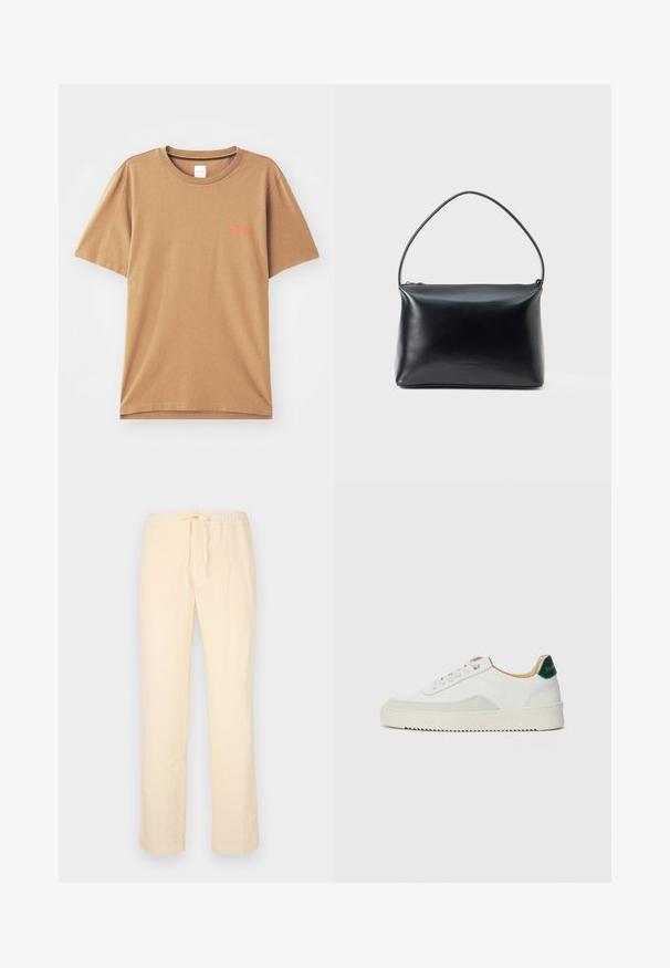 Tricou scurt din bumbac, de culoare maro, cu mânecă scurtă și guler rotund, având un text mic portocaliu pe piept și o croială lejeră.; Pantaloni de culoare galben deschis, lejere, confecționați dintr-un material moale, având un talie elastică cu șnur și picioare drepte.; Sneaker alb cu accente din suede, vârf rotund, șireturi plate și o talpă din cauciuc crem. Are un logo verde pe călcâie.; Geantă din piele neagră, netedă, cu un singur maner curbat și închidere cu fermoar în partea de sus, prezentată pe un fundal alb simplu.