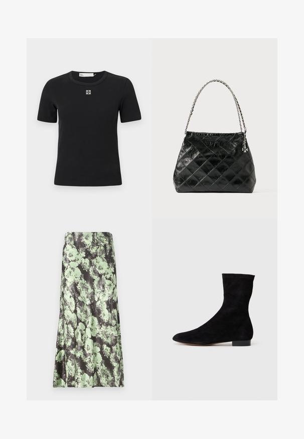 Must muströng lühikeste varrukatega t-särk ümmarguse kaelusega ja ruudukujulise logo detailiga rinnal. Pehme tekstuur ja keha lähedane disain.; Lillelillaga skirk, millel on must põhivärv ja heledad rohelised lillemustrid. Materjal näeb välja sile ja kerge sädelusega, ning see on laieneva kujuga.; Musthave mustan nahast pahkluu saabas, millel on kitsas vars, terav nina ja madal plokk-konts. Pehme tekstuur ja minimalistlik disain, sobib mitmekesiseks stiliseerimiseks.; Must nahast tikitud käekott hõbedase ketiga sangaga, millel on kujundatud struktuur ja sile pind.