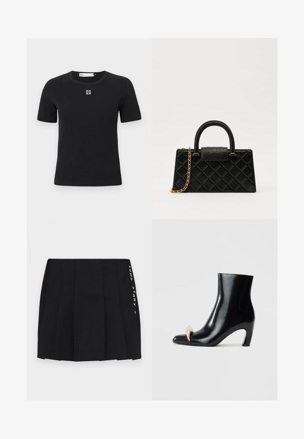 Black ribbed short-sleeve t-shirt with a round neckline and a square logo detail on the chest. Soft texture and fitted design.; MAX&Co. LONG VERY SHORT - Pleated skirt - schwarz; Black ankle boot made of glossy leather, featuring a pointed toe and a decorative gold and silver accent at the front. Block heel design.; Black handbag made of textured leather, featuring a diamond pattern, gold-tone chain strap, and a top handle with a logo-embossed flap closure.