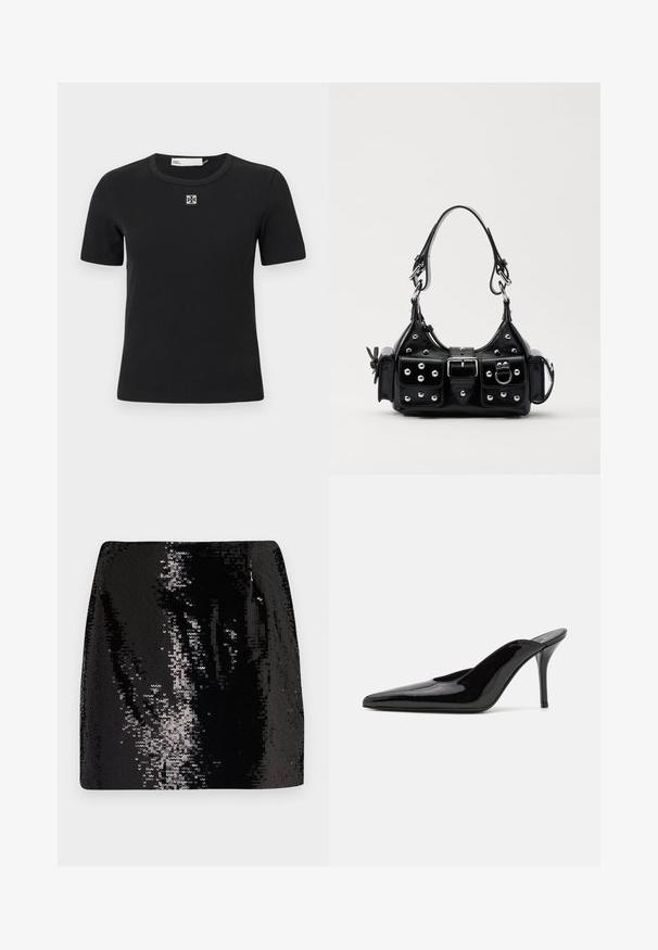 Schwarzes kurzärmliges T-Shirt mit geripptem Design, runder Ausschnitt und quadratischem Logo-Detail auf der Brust. Weiche Textur und taillierte Passform.; Schwarzer Pailletten-Minirock mit tailliertem Design, hoher Taille und glänzender Textur, der reflektierende Oberflächendetails und eine schicke Silhouette aufweist.; Schwarze Lackleder-Pumps mit hohen Absätzen, spitzer Zehenform und schlanker Silhouette, mit offenem Rücken und schlankem Stiletto-Absatz.; Schwarze Lederhandtasche mit einem geschwungenen Design, verziert mit silbernen Nieten, einer Schnalle und zwei seitlichen Taschen. Verstellbarer Träger für verschiedene Tragemöglichkeiten.