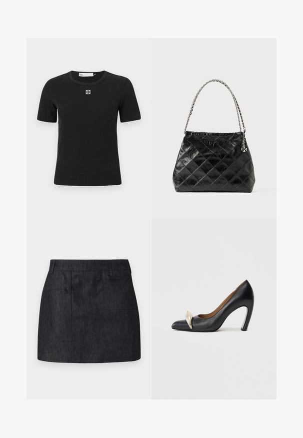 Must muströng lühikeste varrukatega t-särk ümmarguse kaelusega ja ruudukujulise logo detailiga rinnal. Pehme tekstuur ja keha lähedane disain.; Tume denim seelik sirge lõikega, millel on kaks esipocketit ja peen tekstuur. Puhtad servad ja standardne vöökoht.; Must nahast kõrge kontsaga king, millel on terav nina ja esiküljel kuldne aktsent. Omaduseks kitsenev konts ja sile pind.; Must nahast tikitud käekott hõbedase ketiga sangaga, millel on kujundatud struktuur ja sile pind.
