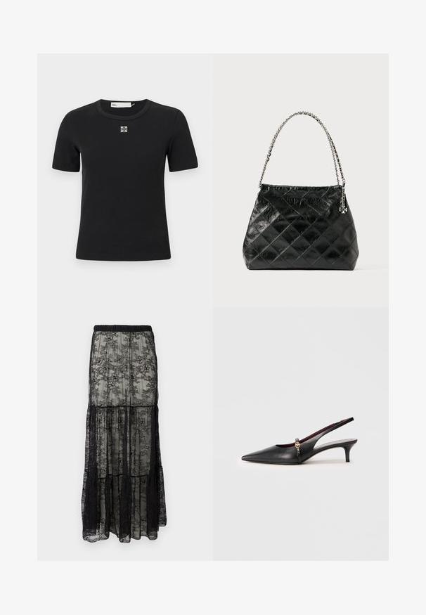 Maglietta nera a maniche corte con coste, colletto rotondo e dettaglio con logo quadrato sul petto. Texture morbida e design aderente.; Gonna maxi in pizzo nero con design a strati, dotata di vita elastica e motivi floreali. Il materiale è trasparente con una consistenza morbida.; Sandal con tacco in pelle nera con punta affilata, tacco sottile e un accento dorato vicino alla cinghia alla caviglia. Texture liscia e design semplice.; Borsa a tracolla nera in pelle trapuntata con manico a catena argentata, caratterizzata da un design strutturato e una texture liscia.