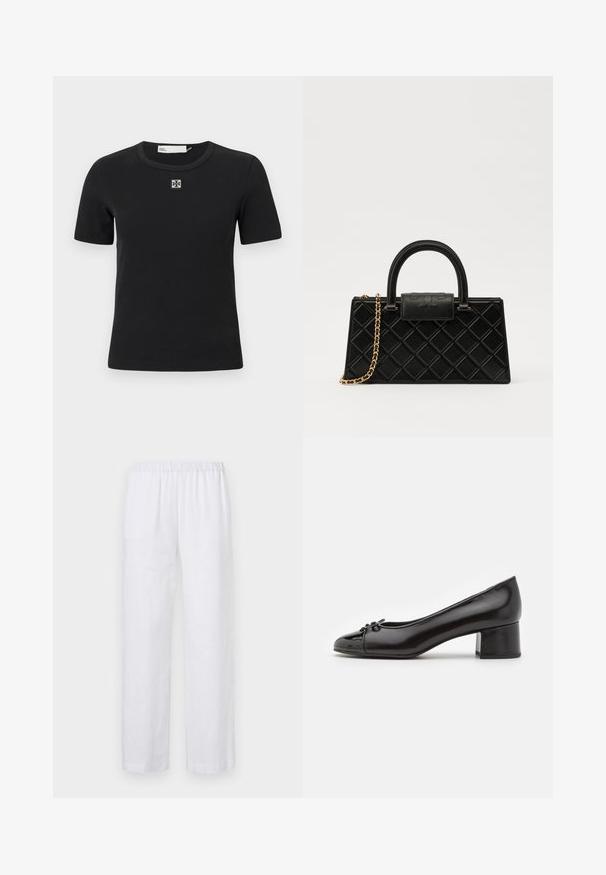 Fekete bordázott, rövid ujjú póló kerek nyakkivágással és négyzet alakú logóval a mellkasán. Puha textúra és testhezálló kialakítás.; ASPESI PANTALONE - Nadrágok - white; Fekete lakkbőr magassarkú cipő, lekerekített orral, elöl kis masni díszítéssel és alacsony tömbsarkú talppal. Az egész felület sima textúrájú.; Fekete kézitáska texturált bőrből, gyémántmintázattal, aranyszínű láncos pánttal és logóval gravírozott fedélzárral ellátott felső fogantyúval.