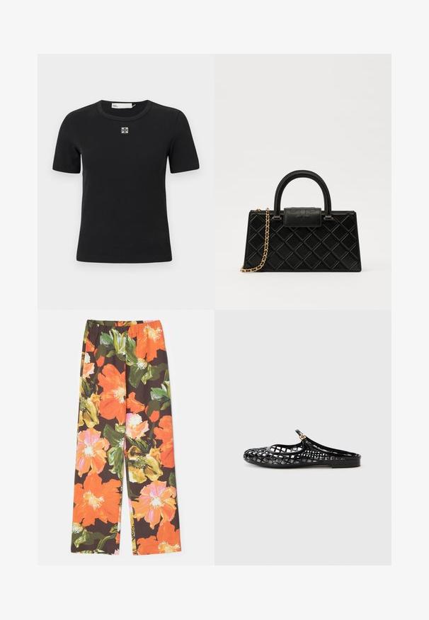 Fekete bordázott, rövid ujjú póló kerek nyakkivágással és négyzet alakú logóval a mellkasán. Puha textúra és testhezálló kialakítás.; Stine Goya FATOU STRUCTURE STRETCH - Nadrágok - summer night; Tory Burch MELLOW MARY JANE - Papucsszandálok - perfect black/gold; Fekete kézitáska texturált bőrből, gyémántmintázattal, aranyszínű láncos pánttal és logóval gravírozott fedélzárral ellátott felső fogantyúval.