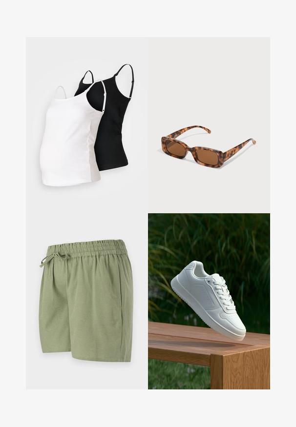 Divi grūtniecības topi ar piedurknēm melnā un baltā krāsā, izgatavoti no mīksta auduma, ar regulējamām siksnām un pieguļošu dizainu, lai pielāgotos augošai vēderam.; Gaiši zaļi šorti, kas izgatavoti no mīksta auduma. Iespējamā elastīgā josta ar auklu, sānu kabatām un taisnu griezumu.; Baltie sporta apavi ar gludu sintētisku augšpusi, perforētu pirkstu daļu, plakani šņorēm un rakstainu zoli, novietoti uz koka virsmas.; Tortoiseshell saulesbrilles ar taisnstūrveida brūniem stikliem, biezs rāmis un plānas kājas ar dažādu brūnu toņu rakstu.; Brūns mākslīgās ādas pleca soma ar izliekta forma, minimāls šuvums un zelta toņa aparatūras akcenti. Aprīkota ar augšējo rāvējslēdzēju un regulējamu siksnu.