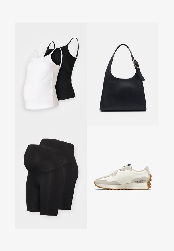 Deux tops de maternité en noir et blanc, fabriqués en tissu doux, avec des bretelles réglables et une coupe ajustée pour s'adapter à un ventre en croissance.; Shorts de maternité noirs en tissu extensible, avec une taille élastique et une texture douce conçue pour le confort et le soutien.; Baskets blanches et beiges avec un empeigne en cuir lisse, des accents en daim, un bout arrondi et une semelle en caoutchouc texturé. Nom de la marque imprimé sur le côté.; Sac en cuir noir avec une texture lisse, un corps arrondi et une seule anse, ornée d'un accent en métal doré rond.