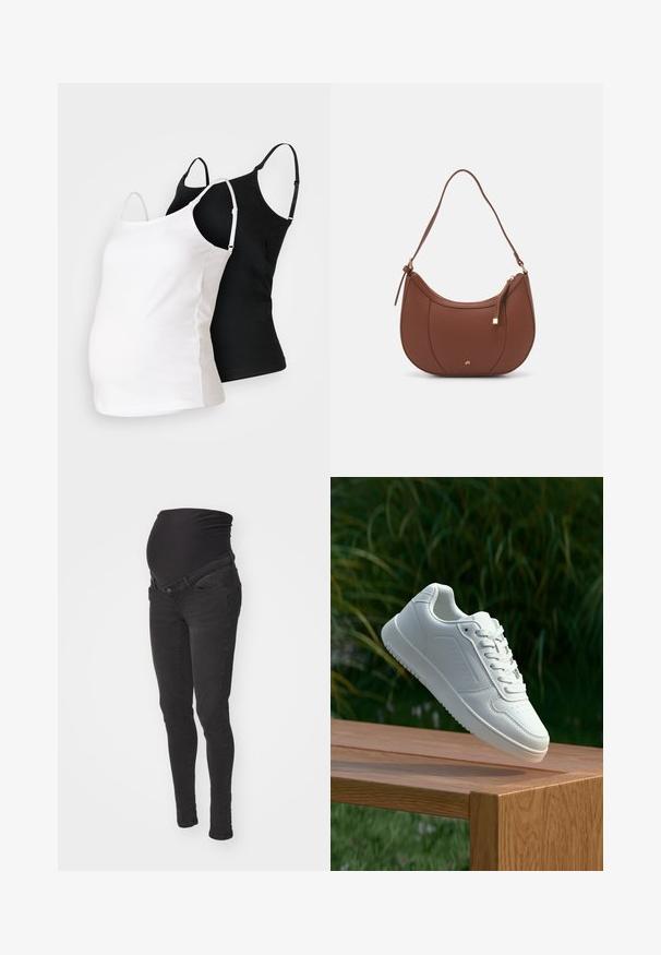 Dve nosečniške majice brez rokavov v črni in beli barvi, narejene iz mehkega materiala, z nastavljivimi naramnicami in prilagojenim dizajnom, ki omogoča udobno prileganje rastočemu trebuhu.; Črne nosečniške kavbojke z mehkim, raztegljivim pasom, slim-fit dizajnom in dvema sprednjima žepoma. Narejene iz jeansa z gladko teksturo.; Bela teniska s gladkim sintetičnim zgornjim delom, perforiranim prednjim delom, ravnimi vezalkami in teksturiranim podplatom, prikazana na leseni površini.; Rjava usnjena torbica z ramenskim ročajem, ukrivljene oblike, minimalnim šivom in zlato-tonirano kovinsko dekoracijo. Ima zgornje zapiranje na zadrgo in nastavljiv trak.