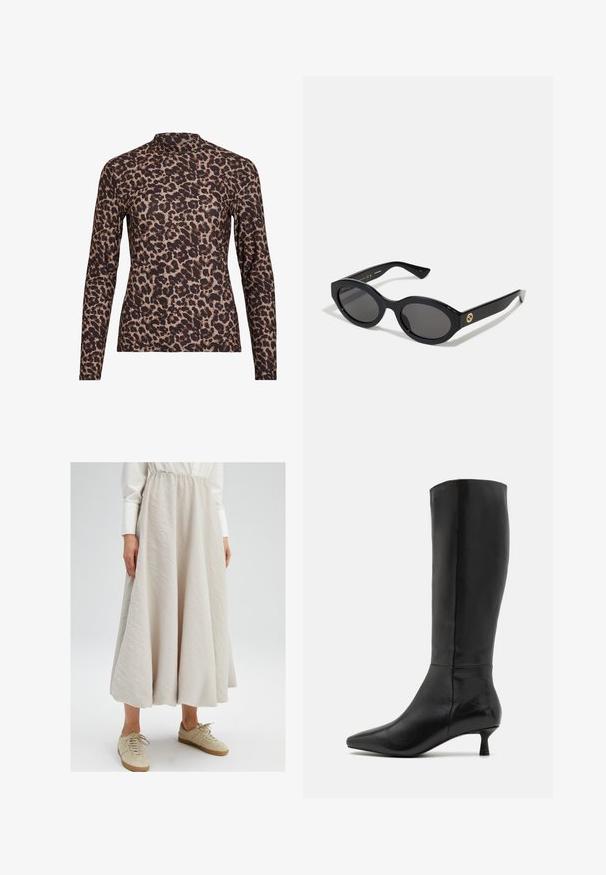 Top a maniche lunghe con stampa leopardata e colletto alto, realizzato in tessuto elasticizzato. Presenta una base beige con macchie marroni. Texture liscia, design aderente.; Gonna di lunghezza ginocchio di un beige chiaro, realizzata in tessuto testurizzato, con vita elastica, abbinata a sneakers color beige per un look casual.; Zign Stivali alti - black; Occhiali da sole neri a forma ovale con lenti scure e montatura in plastica lucida. Presentano un logo dorato sulla stanghetta, offrendo un design elegante e moderno.; Kaffe NIA - Sciarpa - sanddollar black stripe
