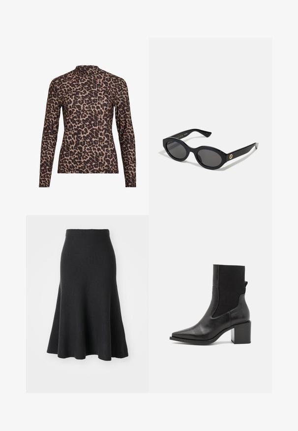 Långärmad topp med leopardtryck och hög hals, tillverkad av stretchigt tyg. Har en ljusbrun bas med bruna fläckar. Slät textur, figurnära design.; Svart utsvängd kjol i mjukt tyg, med hög midja, jämn textur och en A-linjeform som sträcker sig till mitten av vaden.; Svart ankelboot med spetsig tå, tillverkad av mjukt läder och elastiskt tyg. Har en klack i blockform och minimalistisk design.; Svarta ovala solglasögon med mörka linser och blank plastbåge. Utrustade med en gyllene logotyp på bågen, vilket ger en snygg och modern design.; Blå mönstrad handväska i tyg, med en rundad form, svart läderrem och logodesign i en ljusare nyans.