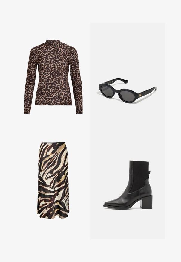 Långärmad topp med leopardtryck och hög hals, tillverkad av stretchigt tyg. Har en ljusbrun bas med bruna fläckar. Slät textur, figurnära design.; Lång kjol i lätt tyg med en djärv, abstrakt brun, svart och krämfärgad djurtryckdesign, med en slät textur och ankellängd.; Svart ankelboot med spetsig tå, tillverkad av mjukt läder och elastiskt tyg. Har en klack i blockform och minimalistisk design.; Svarta ovala solglasögon med mörka linser och blank plastbåge. Utrustade med en gyllene logotyp på bågen, vilket ger en snygg och modern design.; Blå mönstrad handväska i tyg, med en rundad form, svart läderrem och logodesign i en ljusare nyans.
