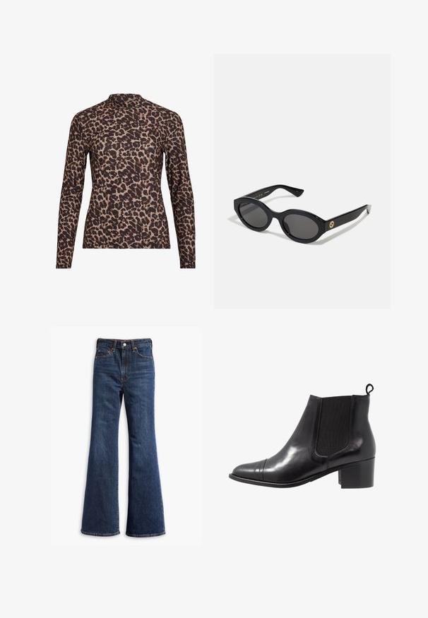 Camisola de manga longa em padrão de leopardo com gola alta, feita de tecido elástico. Apresenta uma base bege com manchas castanhas. Textura suave, design ajustado.; Jeans de ganga escura de cintura alta com pernas largas, fecho de botão e zipper na frente, e design de cinco bolsos.; Botim de tornozelo em couro preto com painéis laterais elásticos, bico redondo e salto quadrado texturizado. Apresenta uma alça em laço na parte de trás para facilitar o uso.; Óculos de sol ovais pretos com lentes escuras e armação de plástico brilhante. Apresenta um logotipo dourado na haste, oferecendo um design elegante e moderno.; Bolsa de padrão azul feita de tecido, com um formato curvo, alça de couro preto e design de logotipo em uma tonalidade mais clara.