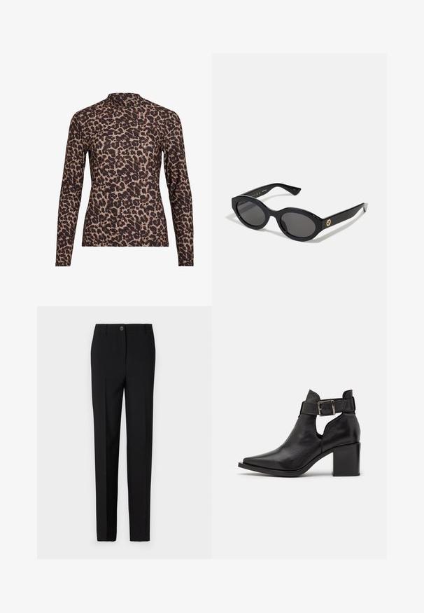 Leopardimustriga pikkade varrukatega pluus kõrge kaelusega, valmistatud venivast kangast. Omab beeži tausta pruunide laikudega. Sile tekstuur, keha lähedane disain.; Mustad kohandatud püksid sirge jalgade lõikega, varustatud nupuvajutuse ja vöökohaga, valmistatud siledast kangast.; Zign LEATHER - Poolsaapad - black; Mustad mustad prillid tumedate läätsedega ja läikiva plastraamiga. Omab kuldset logo põlveosal, pakkudes stiilset ja kaasaegset disaini.; Sinine mustriga kangast käekott, millel on kootud disain, must nahkrist ja logo heledamas toonis.