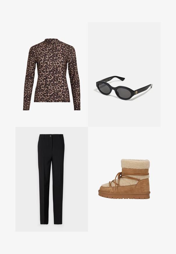 Top à manches longues en imprimé léopard avec un col haut, fabriqué en tissu extensible. Présente une base beige avec des taches brunes. Texture lisse, design ajusté.; Pantalon noir ajusté avec une coupe droite, doté d'une fermeture à bouton et de passants de ceinture, fabriqué en tissu lisse.; Bottine en daim marron avec doublure en shearling crème, dotée d'un design à lacets et d'une semelle en caoutchouc texturée pour une meilleure adhérence et durabilité.; Lunettes de soleil ovales noires avec des verres sombres et une monture en plastique brillant. Présente un logo doré sur la branche, offrant un design épuré et moderne.; Sac à main en tissu à motif bleu, présentant une forme courbée, une sangle en cuir noir et un design de logo dans une teinte plus claire.