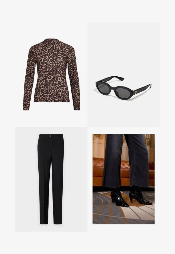 Top à manches longues en imprimé léopard avec un col haut, fabriqué en tissu extensible. Présente une base beige avec des taches brunes. Texture lisse, design ajusté.; Pantalon noir ajusté avec une coupe droite, doté d'une fermeture à bouton et de passants de ceinture, fabriqué en tissu lisse.; Bottines noires à bout pointu avec une finition texturée portées sous un pantalon large noir à ourlet effiloché sur un tapis à motifs.; Lunettes de soleil ovales noires avec des verres sombres et une monture en plastique brillant. Présente un logo doré sur la branche, offrant un design épuré et moderne.; Sac à main en tissu à motif bleu, présentant une forme courbée, une sangle en cuir noir et un design de logo dans une teinte plus claire.