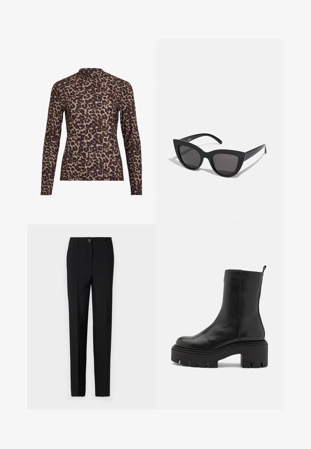 Leopard print long-sleeve top with a high neckline, made of stretchy fabric. Features a tan base with brown spots. Smooth texture, fitted design.; Black tailored trousers with a straight leg design, featuring a button fastening and belt loops, made from smooth fabric.; Black leather ankle boots with a chunky platform sole, featuring a smooth exterior and a loop tab at the back for easy wear.; Black cat-eye sunglasses with a matte finish, featuring gray tinted lenses, sharp angles, and sleek side arms. Brand name visible on the inner arm.; Silver mesh handbag with a knotted handle, rectangular shape, textured surface, and zip closure. Simple, modern design with minimal accents.