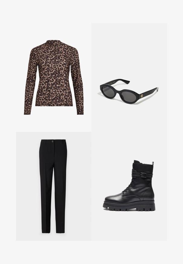 Ilgās piedurknēs leopardu raksta blūze ar augstu izgriezumu, izgatavota no elastīga auduma. Tam ir bēša pamatne ar brūniem plankumiem. Gluda faktūra, pieguļošs dizains.; Melni piegrieztie bikses ar taisnu kāju dizainu, ar pogu slēgšanu un jostu cilpām, izgatavotas no gludas auduma.; Melnas ādas potīšu zābaki ar noapaļotu purngalu, šņorējamu priekšpusi, sprādzi sānos un masīvu gumijas zoli.; Melnas ovālās saulesbrilles ar tumšiem stikliem un spīdīgu plastmasas rāmi. Iezīmētas ar zelta logo uz tempļa, nodrošinot elegantu un modernu dizainu.; Zila ar rakstu somiņa, kas izgatavota no auduma, ar izliekta formu, melnu ādas siksnu un logotipa dizainu gaišākā tonī.