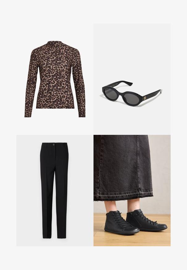 Leopardų rašto ilgos rankovės marškiniai su aukštu apykakle, pagaminti iš elastingos medžiagos. Pagrindas smėlinis su rudomis dėmėmis. Lygus paviršius, aptemptas dizainas.; Juodai pritaikyti kelnes su tiesiu sijonu, su mygtukų užsegimu ir diržo kilpomis, pagamintos iš lygaus audinio.; Juodos odinės aukštakulnės bateliai su lygia tekstūra, su raišteliais ir šoniniu užtrauktuku. Dėvimi su ilga juoda džinsine sijonu.; Juodos ovalios saulės akinių su tamsiais lęšiais ir blizgia plastiko apvadu. Su auksiniu logotipu ant šventyklos, siūlo elegantišką ir modernų dizainą.; Mėlyna audinio rankinė su raštu, turinti išlenktą formą, juodą odinį dirželį ir logotipo dizainą šviesesnėmis spalvomis.
