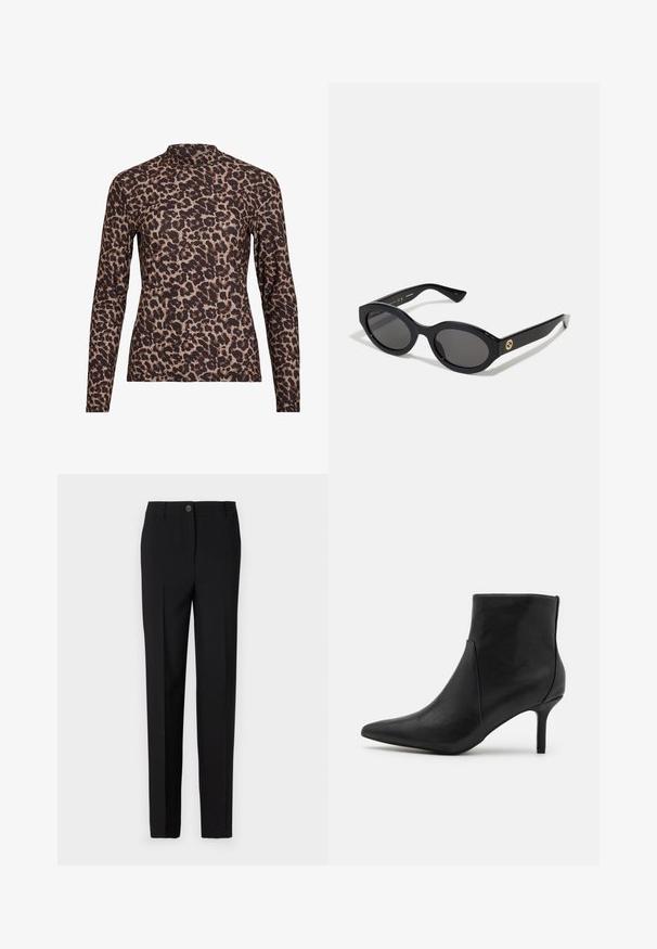 Langærmet top med leopardprint og høj hals, lavet af strækbart stof. Har en tan-basis med brune pletter. Glat tekstur, tætsiddende design.; Sorte skræddersyede bukser med lige ben-design, der har en knaplukning og bæltestropper, lavet af glat stof.; Anna Field Ankelstøvler - black; Sorte ovale solbriller med mørke linser og blank plastramme. Har et guldlogo på stykket, hvilket giver et slankt og moderne design.; Blå mønstret håndtaske lavet af stof, med en buet form, sort læderrem og logodesign i en lysere skygge.