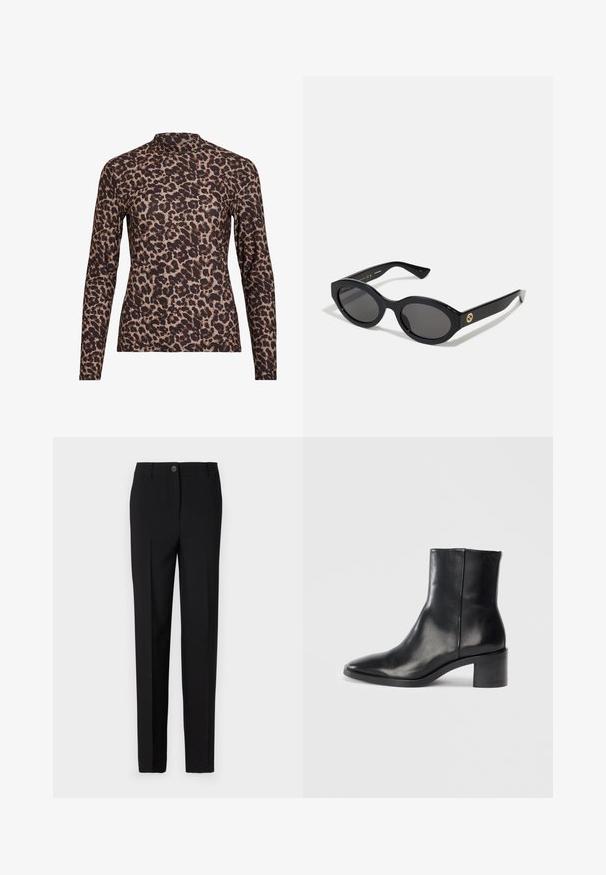 Top de manga larga con estampado de leopardo y cuello alto, fabricado en tejido elástico. Presenta una base beige con manchas marrones. Textura suave, diseño ajustado.; Pantalones negros ajustados con un diseño de pierna recta, con cierre de botón y trabillas para cinturón, fabricados con tela suave.; Botín de cuero negro hasta el tobillo con punta afilada, tacón bajo y bloque, y sutil logotipo embosado. Textura suave con un diseño elegante y costuras mínimas.; Gafas de sol negras en forma ovalada con lentes oscuros y montura de plástico brillante. Presenta un logo dorado en la patilla, ofreciendo un diseño elegante y moderno.; Bolso de mano de tela con un patrón azul, que presenta una forma curva, una correa de cuero negra y un diseño de logo en un tono más claro.
