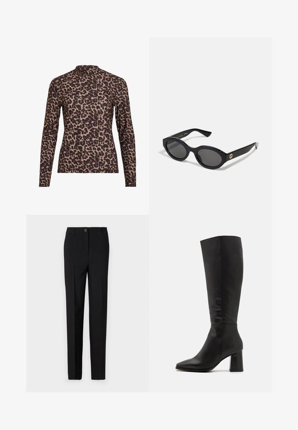 Camisola de manga longa em padrão de leopardo com gola alta, feita de tecido elástico. Apresenta uma base bege com manchas castanhas. Textura suave, design ajustado.; Calças pretas ajustadas com um design de perna reta, apresentando fecho de botão e passantes para cinto, feitas de tecido suave.; Bota preta até ao joelho feita de couro liso. Apresenta uma ponta afiada e um salto bloco texturizado e robusto. Detalhes de costura mínimos.; Óculos de sol ovais pretos com lentes escuras e armação de plástico brilhante. Apresenta um logotipo dourado na haste, oferecendo um design elegante e moderno.; Bolsa de padrão azul feita de tecido, com um formato curvo, alça de couro preto e design de logotipo em uma tonalidade mais clara.