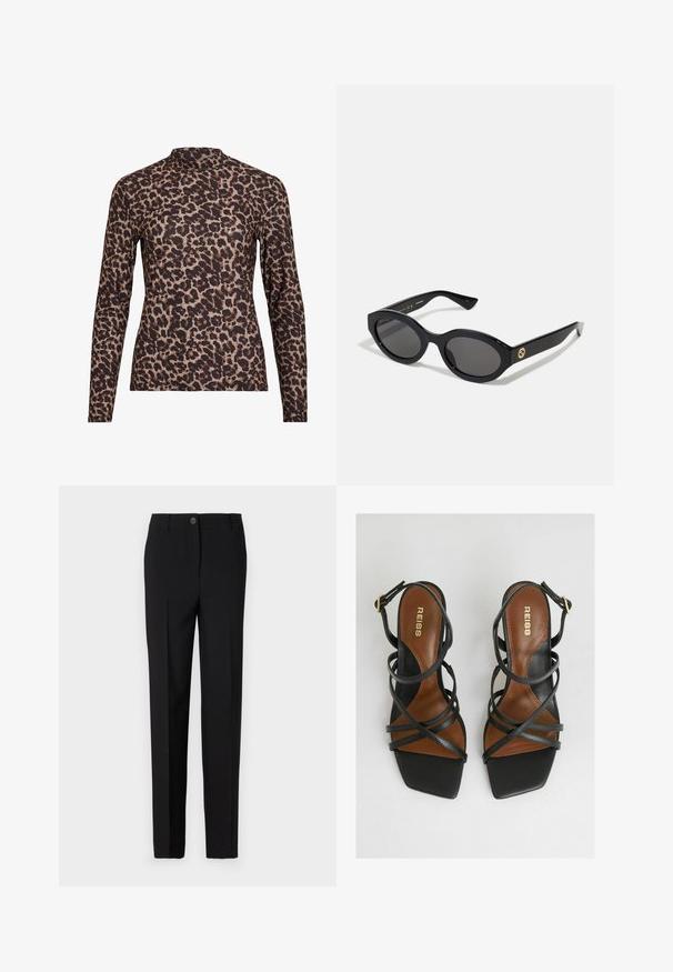 Leopardikuvioinen pitkähihainen paita, jossa on korkea kaula, valmistettu joustavasta kankaasta. Hihnassa on vaalea pohja ruskeilla pilkuilla. Sileä rakenne, tiukka malli.; Mustat muotolahkeiset housut, joissa on suora lahkeiden muotoilu, varustettuna nappikiinnityksellä ja vyölenkeillä, valmistettu sileästä kankaasta.; Mustat korot sandaalit, joissa on useita kapeita hihnoja, neliömäinen kärki, ruskeat pohjat ja kultainen solki nilkkahihnassa.; Mustat soikeat aurinkolasit tummilla linsseillä ja kiiltävästä muovista valmistetulla kehällä. Varustettu kullanvärisellä logolla temppeleissä, tarjoten tyylikkään ja modernin muotoilun.; Sininen kuviollinen käsilaukku, joka on valmistettu kankaasta, ja siinä on kaareva muoto, musta nahkakahva sekä logo suunnittelu vaaleammassa sävyssä.