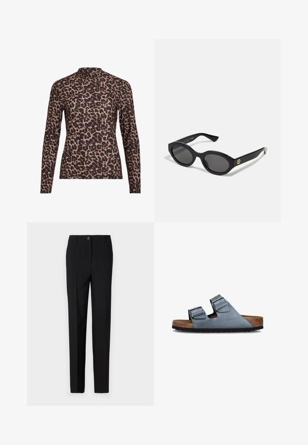 Top de manga larga con estampado de leopardo y cuello alto, fabricado en tejido elástico. Presenta una base beige con manchas marrones. Textura suave, diseño ajustado.; Pantalones negros ajustados con un diseño de pierna recta, con cierre de botón y trabillas para cinturón, fabricados con tela suave.; Sandalias de dos tiras hechas de suave cuero azul con una plantilla de corcho y suela de goma negra. Cuenta con hebillas plateadas brillantes en cada tira.; Gafas de sol negras en forma ovalada con lentes oscuros y montura de plástico brillante. Presenta un logo dorado en la patilla, ofreciendo un diseño elegante y moderno.; Bolso de mano de tela con un patrón azul, que presenta una forma curva, una correa de cuero negra y un diseño de logo en un tono más claro.