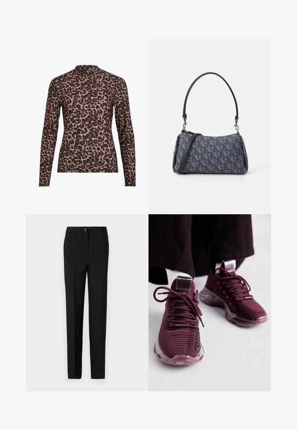 Top a maniche lunghe con stampa leopardata e colletto alto, realizzato in tessuto elasticizzato. Presenta una base beige con macchie marroni. Texture liscia, design aderente.; Pantaloni neri su misura con un design a gamba dritta, dotati di chiusura a bottone e passanti per la cintura, realizzati in tessuto liscio.; Scarpe da ginnastica color bordeaux con tomaia in rete, dettagli testurizzati, lacci tondi e suola in gomma trasparente; presenta un logo sulla linguetta e sul tallone.; Borsa a tracolla blu con motivo, realizzata in tessuto, caratterizzata da una forma curva, una tracolla in pelle nera e un logo in una tonalità più chiara.