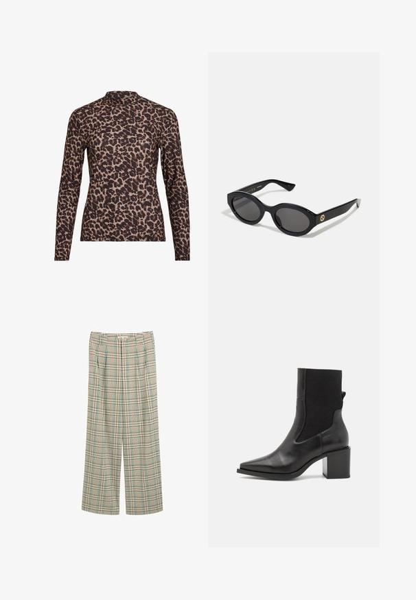 Top a maniche lunghe con stampa leopardata e colletto alto, realizzato in tessuto elasticizzato. Presenta una base beige con macchie marroni. Texture liscia, design aderente.; Pantaloni a gamba larga in un motivo a quadri beige con dettagli verdi e blu marino, con pieghe frontali e una finitura testurizzata.; Stivale nero alla caviglia con punta affusolata, realizzato in pelle liscia e tessuto elastico. Caratterizzato da un tacco a blocco e un design minimalista.; Occhiali da sole neri a forma ovale con lenti scure e montatura in plastica lucida. Presentano un logo dorato sulla stanghetta, offrendo un design elegante e moderno.; Borsa a tracolla blu con motivo, realizzata in tessuto, caratterizzata da una forma curva, una tracolla in pelle nera e un logo in una tonalità più chiara.