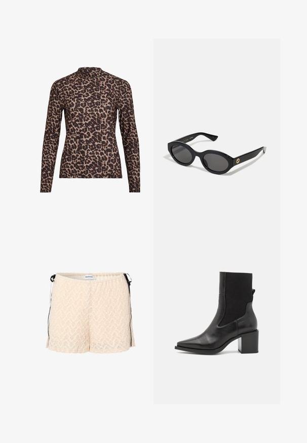 Leopardprint lange mouw top met een hoge hals, gemaakt van rekbare stof. Heeft een tan basis met bruine vlekken. Soepele textuur, aansluitend ontwerp.; Perziken kanten shorts met elastische tailleband, zijknoopjes en een chevronpatroon. Zachte textuur en losse pasvorm voor comfort.; Zwarte enkelboot met een spitse neus, gemaakt van soepel leer en elastische stof. Heeft een blokhak en een minimalistisch ontwerp.; Zwarte ovale zonnebril met donkere glazen en een glanzend kunststof frame. Heeft een gouden logo op de poot, dat een strakke en moderne uitstraling biedt.; Blauwe handtas met patroon van stof, met een gebogen vorm, zwarte leren schouderriem en logo ontwerp in een lichtere tint.