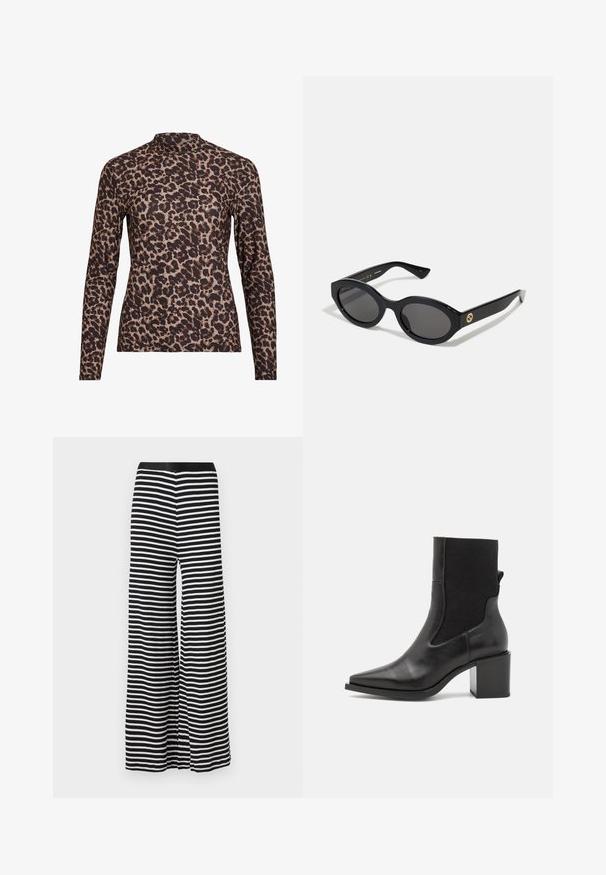 Leopárdmintás, hosszú ujjú felső, magas nyakkal, rugalmas anyagból készült. Bézs alap háttérrel és barna foltokkal rendelkezik. Sima tapintású, testhez álló fazon.; Fekete-fehér csíkozású, bő szárú nadrág sima textúrával és rugalmas derékkal, laza szabással és varrási részletekkel.; Fekete bokacsizma hegyes orral, sima bőrből és elasztikus szövetből készült. Tömör sarokkal és minimalista dizájnnal rendelkezik.; Fekete ovális napszemüveg sötét lencsékkel és fényes műanyag kerettel. Aranyszínű logóval rendelkezik a szárán, amely elegáns és modern megjelenést biztosít.; Kék, mintás, szövetből készült kézitáska, ívelt formával, fekete bőr pánttal és világosabb árnyalatú logóval.