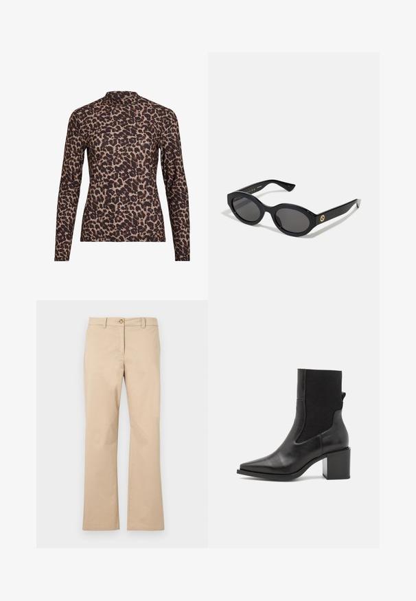 Top lung cu mânecă lungă, cu imprimeu leopard, având un gât înalt, realizat dintr-un material elastic. Are o bază bej cu pete maronii. Textură netedă, design ajustat.; Pantaloni din bumbac bej cu un design dreaptă, având închidere cu nasture și bucle pentru curea, textură netedă și fără modele sau accente vizibile.; Cizmă ankle neagră cu vârf ascuțit, fabricată din piele netedă și țesătură elastică. Prezintă un toc pătrat și un design minimalist.; Ochelari de soare ovali negri cu lentile întunecate și ramă din plastic lucios. Prezintă un logo aurit pe bradă, oferind un design elegant și modern.