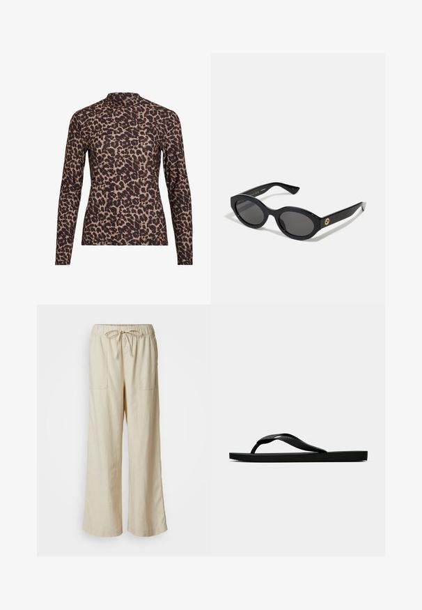 Duga majica s leopard uzorkom i visokim vratom, izrađena od rastezljivog materijala. Ima bež osnovu s smeškastim mrljama. Glatka tekstura, uski dizajn.; Bež široke hlače od lana s elastikom u struku i vezicom, s dva prednja džepa i mekom, teksturiranom završnom obradom.; Crne gumene japanke s teksturiranim remenom i jednostavnom ravnom potplatom, prikazane s strane na jednostavnoj svijetloj pozadini.; Crne ovalne sunčane naočale s tamnim staklima i sjajnim plastičnim okvirom. Sadrže zlatni logotip na sljepoočnici, što pruža elegantan i moderni dizajn.; Plava torba s uzorkom izrađena od tkanine, s konveksnim oblikom, crnim kožnim remenom i dizajnom loga u svjetlijoj nijansi.