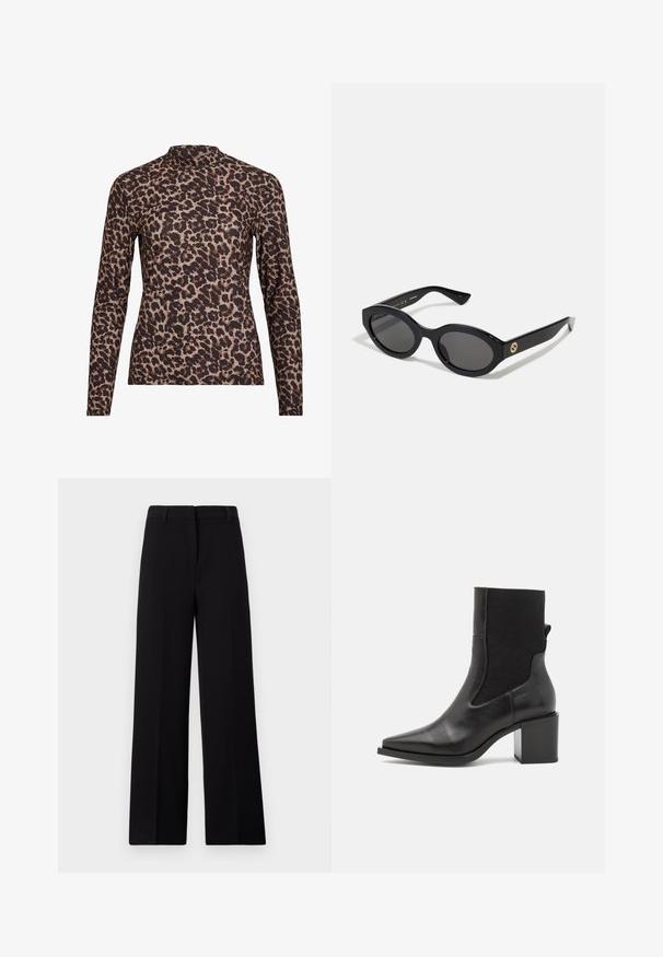 Leopardprint lange mouw top met een hoge hals, gemaakt van rekbare stof. Heeft een tan basis met bruine vlekken. Soepele textuur, aansluitend ontwerp.; Zwarte wijde broek met een gladde stof, platte voorkant en een schone tailleband met riemlussen, zonder zichtbare zakken of versieringen.; Zwarte enkelboot met een spitse neus, gemaakt van soepel leer en elastische stof. Heeft een blokhak en een minimalistisch ontwerp.; Zwarte ovale zonnebril met donkere glazen en een glanzend kunststof frame. Heeft een gouden logo op de poot, dat een strakke en moderne uitstraling biedt.; Blauwe handtas met patroon van stof, met een gebogen vorm, zwarte leren schouderriem en logo ontwerp in een lichtere tint.