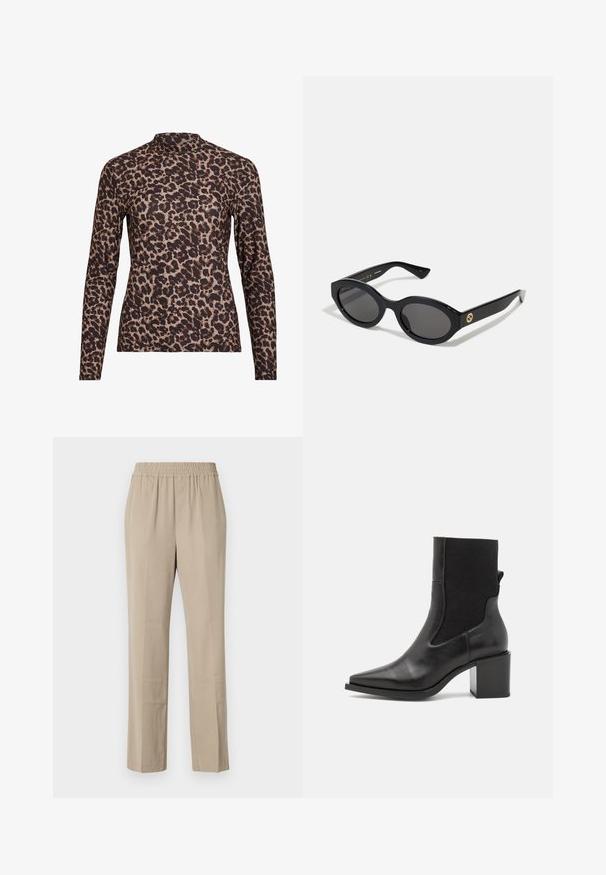 Bluzka z długim rękawem w panterkę z wysokim dekoltem, wykonana z elastycznego materiału. Posiada beżową bazę z brązowymi plamami. Gładka faktura, dopasowany krój.; Beżowe, lekkie spodnie z elastycznym pasem, prostym krojem, miękką teksturą i subtelnymi zagnieceniami. Bez widocznych kieszeni.; Czarny botek za kostkę z zaostrzonym noskiem, wykonany z gładkiej skóry i elastycznego materiału. Posiada blokowy obcas i minimalistyczny design.; Czarne okulary przeciwsłoneczne w owalnym kształcie z ciemnymi szkłami i błyszczącą plastikową oprawką. Posiadają złote logo na zausznniku, co nadaje im elegancki i nowoczesny wygląd.; Niebieska torebka wzorzysta, wykonana z tkaniny, o zaokrąglonym kształcie, z czarnym skórzanym uchwytem i logo zaprojektowanym w jaśniejszym odcieniu.
