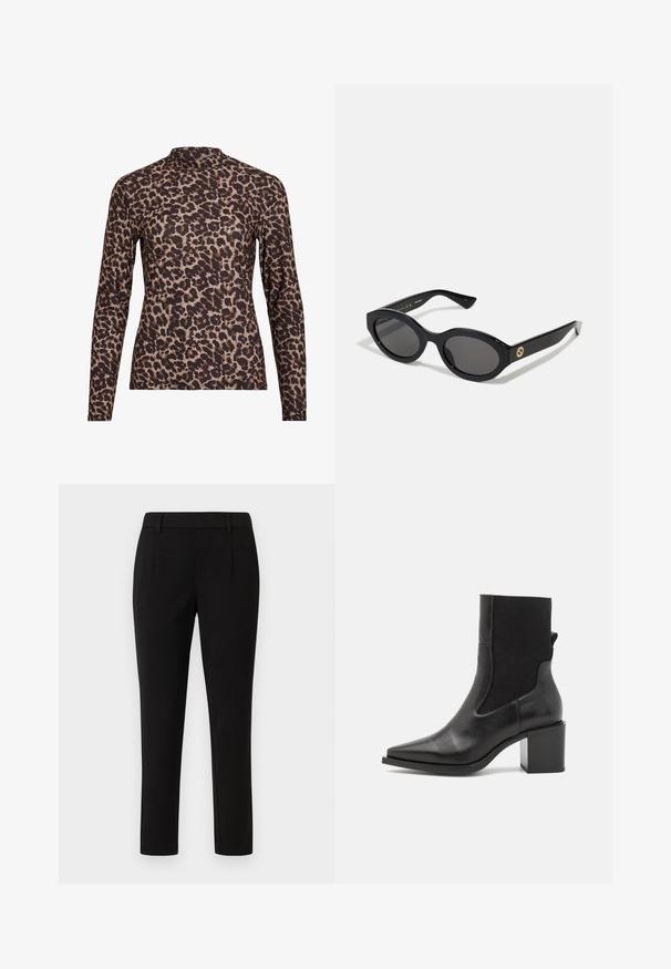 Camisola de manga longa em padrão de leopardo com gola alta, feita de tecido elástico. Apresenta uma base bege com manchas castanhas. Textura suave, design ajustado.; Calças pretas ajustadas com um design de perna reta, feitas de um tecido suave. Apresentam frente lisa, passantes para cinto e sem bolsos.; Bota ankle preta com bico fino, feita de couro liso e tecido elástico. Apresenta um salto bloco e um design minimalista.; Óculos de sol ovais pretos com lentes escuras e armação de plástico brilhante. Apresenta um logotipo dourado na haste, oferecendo um design elegante e moderno.; Bolsa de padrão azul feita de tecido, com um formato curvo, alça de couro preto e design de logotipo em uma tonalidade mais clara.