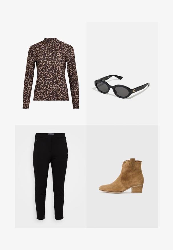 Leopardprint lange mouw top met een hoge hals, gemaakt van rekbare stof. Heeft een tan basis met bruine vlekken. Soepele textuur, aansluitend ontwerp.; Anna Field Curvy Broek - black; Tan suède enkellaars met een spitse neus, textuur trim bij de kraag, en een blokhak. Voorzien van een trekband voor gemakkelijke aantrekking.; Zwarte ovale zonnebril met donkere glazen en een glanzend kunststof frame. Heeft een gouden logo op de poot, dat een strakke en moderne uitstraling biedt.; Blauwe handtas met patroon van stof, met een gebogen vorm, zwarte leren schouderriem en logo ontwerp in een lichtere tint.