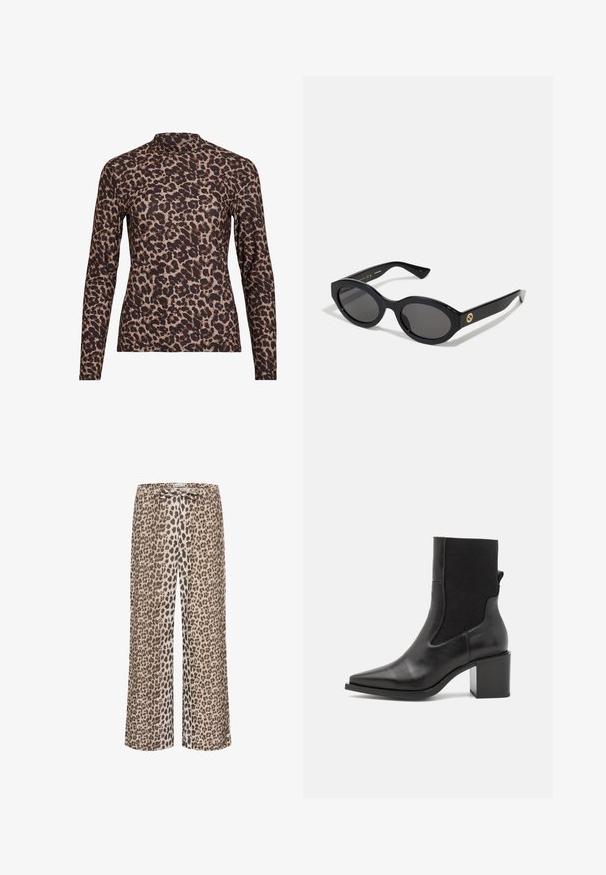 Leopardprint lange mouw top met een hoge hals, gemaakt van rekbare stof. Heeft een tan basis met bruine vlekken. Soepele textuur, aansluitend ontwerp.; Luipaardprint broek van lichtgewicht stof, met een wijduitlopende pasvorm en een drawstring tailleband. De dominante kleuren zijn beige, bruin en zwart.; Zwarte enkelboot met een spitse neus, gemaakt van soepel leer en elastische stof. Heeft een blokhak en een minimalistisch ontwerp.; Zwarte ovale zonnebril met donkere glazen en een glanzend kunststof frame. Heeft een gouden logo op de poot, dat een strakke en moderne uitstraling biedt.; Blauwe handtas met patroon van stof, met een gebogen vorm, zwarte leren schouderriem en logo ontwerp in een lichtere tint.