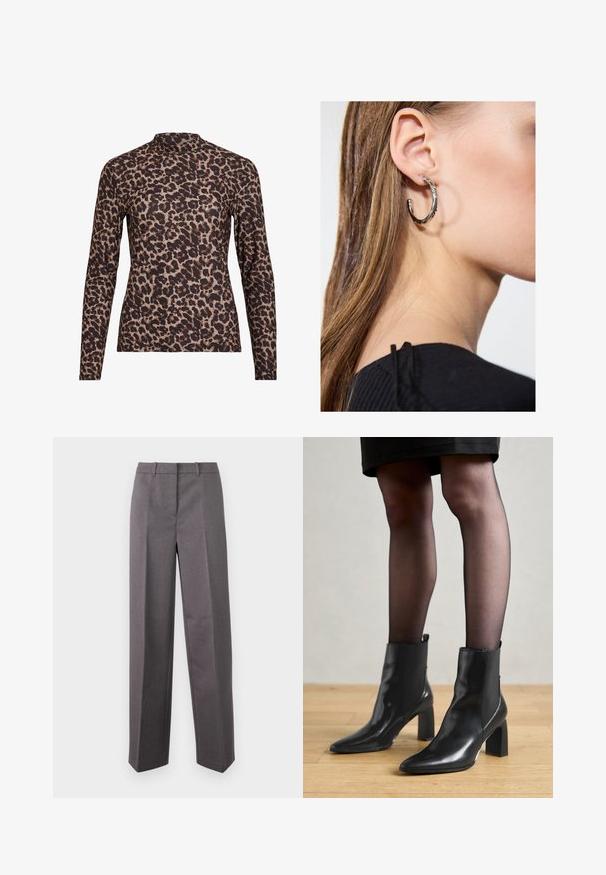 Camisola de manga longa em padrão de leopardo com gola alta, feita de tecido elástico. Apresenta uma base bege com manchas castanhas. Textura suave, design ajustado.; Calças cinzentas ajustadas feitas de tecido texturizado, com um design de perna reta, frente lisa e passantes para cinto.; Botas de tornozelo em couro preto com bico fino, salto quadrado robusto e design elegante. Apresenta painéis laterais elásticos para facilitar o calçar.; Brinco de argola prateada com acabamento polido, apresentando pequenos detalhes em dourado e uma forma redonda, usado na orelha.