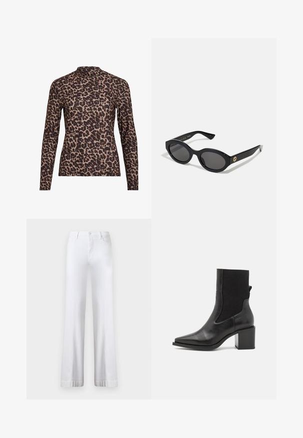 Top à manches longues en imprimé léopard avec un col haut, fabriqué en tissu extensible. Présente une base beige avec des taches brunes. Texture lisse, design ajusté.; Jean larges blancs à taille haute, dotés d'une fermeture à bouton, d'un design à cinq poches et de ourlets retroussés. Fabriqués en tissu denim.; Bottine noire avec un embout pointu, fabriquée en cuir lisse et en tissu élastique. Dotée d'un talon bloc et d'un design minimaliste.; Lunettes de soleil ovales noires avec des verres sombres et une monture en plastique brillant. Présente un logo doré sur la branche, offrant un design épuré et moderne.; Sac à main en tissu à motif bleu, présentant une forme courbée, une sangle en cuir noir et un design de logo dans une teinte plus claire.