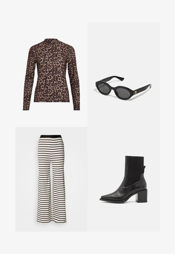 Leopardmønster langermet topp med høy hals, laget av elastisk stoff. Har en beige bakgrunn med brune flekker. Glatt tekstur, tettsittende design.; Stripete vide bukser med svart liv. Laget av lett materiale med horisontale svart-hvite striper.; Svart ankelstøvel med spiss tå, laget av glatt lær og elastisk stoff. Har blokkhelt og minimalistisk design.; Sorte ovale solbriller med mørke linser og blank plastramme. Har gulllogo på stengene, og tilbyr et elegant og moderne design.; Blåmønstret håndveske laget av stoff, med buet form, svart lærreim og logodesign i en lysere nyanse.