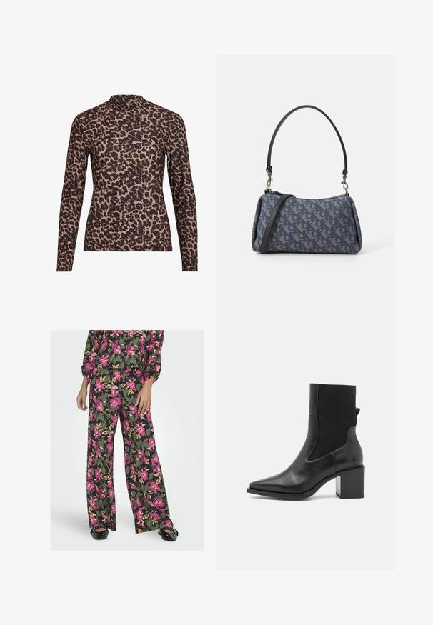 Top a maniche lunghe con stampa leopardata e colletto alto, realizzato in tessuto elasticizzato. Presenta una base beige con macchie marroni. Texture liscia, design aderente.; Completo floreale a due pezzi in verde scuro con fiori rosa e gialli. Pantaloni a gamba larga e top a maniche lunghe con elastico in vita, tessuto leggero.; Stivale nero alla caviglia con punta affusolata, realizzato in pelle liscia e tessuto elastico. Caratterizzato da un tacco a blocco e un design minimalista.; Borsa a tracolla blu con motivo, realizzata in tessuto, caratterizzata da una forma curva, una tracolla in pelle nera e un logo in una tonalità più chiara.