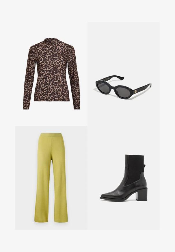 Bluza z dolgimi rokavi z leopardjim vzorcem in visokim ovratnikom, izdelana iz elastičnega materiala. Ima peščeno osnovo z rjavimi lisami. Gladka tekstura, prilega se telesu.; Rumene pletene hlače z rilami, sproščenega kroja, širokimi hlačnicami in elastičnim pasom. Tekstura se zdi mehka in raztegljiva.; Črne gležnarske škornje s koničastim nosom, narejene iz gladkega usnja in elastike. Opremljene so z blok stolčkom in minimalističnim dizajnom.; Črne ovalne sončna očala s temnimi lečami in sijočim plastičnim okvirjem. Imajo zlat logo na robu, kar ponuja eleganten in sodoben oblikovalski pristop.; Modra torbica s vzorom iz blaga, ki ima ukrivljeno obliko, črn usnjen trak in logotip v svetlejši odtenek.